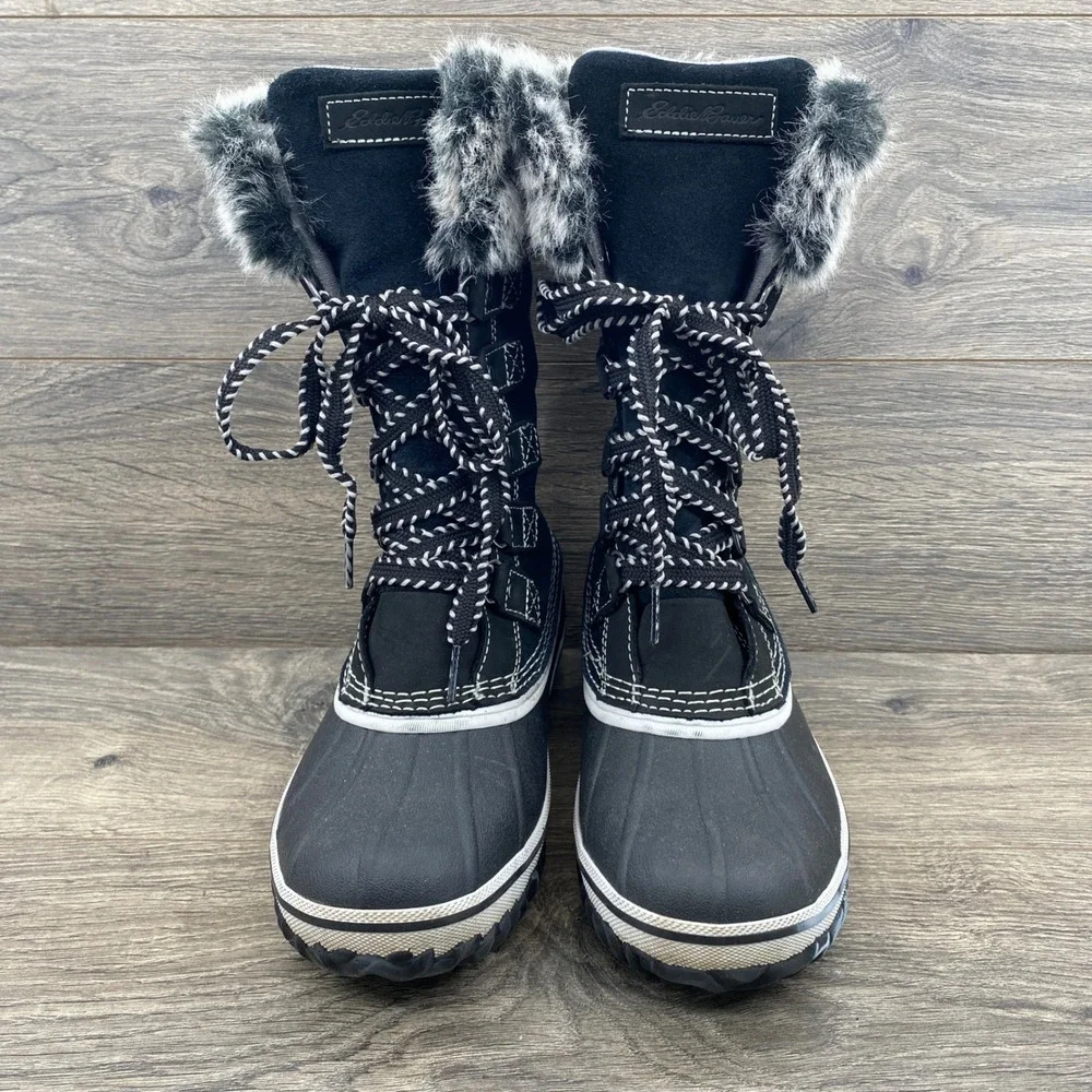 Eddie Bauer WeatherEdge Snow Boots Womens 7 Black Faux Fur Waterproof Suede